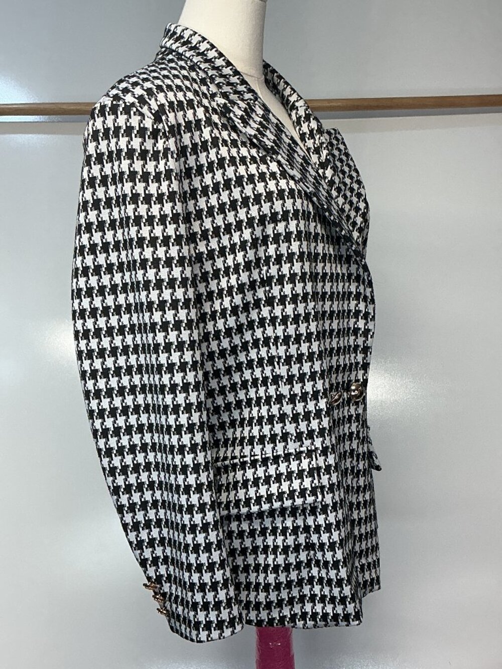 Attitude Unknown L Black White Houndstooth Double Breasted Blazer Gold Buttons - Picture 8 of 16